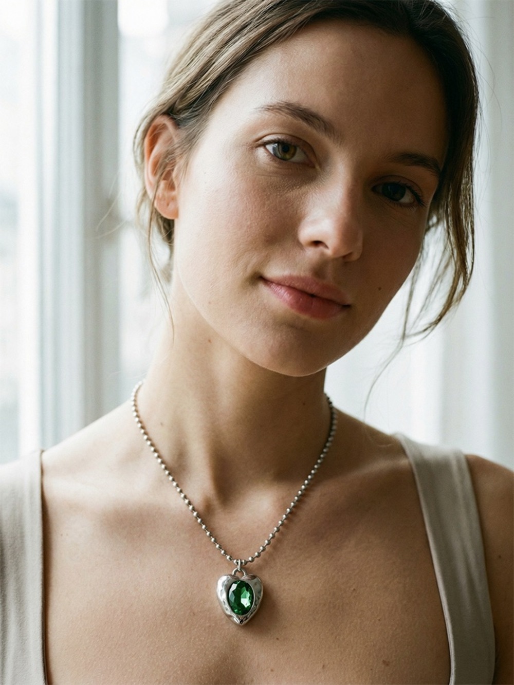 Sterling Silver Heart Pendant Necklace with Emerald Green Gem